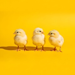 Three adorable yellow chicks standing on bright sunny background