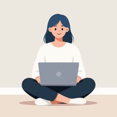Young Woman Working on Laptop Sitting Cross-Legged on Floor, Remote Work Flat Vector Illustration