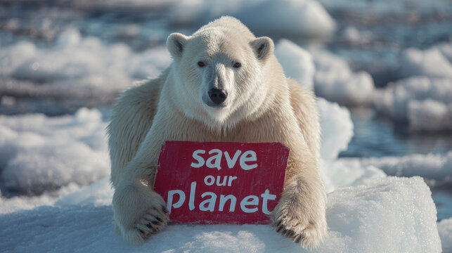 Polar Bear on Ice Holding Red Sign Reading Save Our Planet Climate Change Awareness Concept
