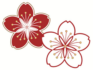 Two stylized cherry blossom flowers. One has red petals outlined in white with yellow stamens, while the other has white petals outlined in red with yellow stamens. Both are symmetrical, five-petaled 