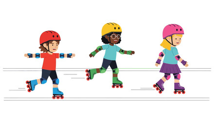 Fototapeta premium Three diverse children wearing helmets and protective gear roller skating together on a paved surface, enjoying a fun outdoor activity.