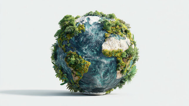 Miniature Earth Globe with Lush Green Trees and Blue Oceans on Clean White Background