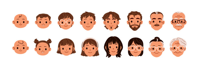 Fototapeta premium Avatars of male and female aging set. Funny portraits of babies, kids, young, adult and old men and women. Happy faces of smiling people. Flat isolated vector illustration on white background