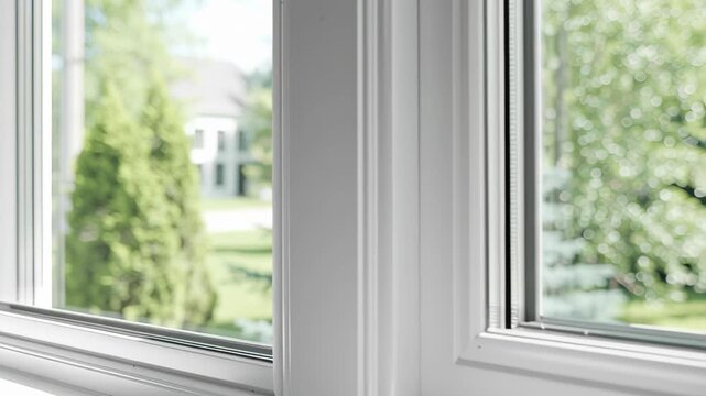 New plastic PVC window with white metal frame installed at modern house, city street urban view. Typical installation of insulated glazing windows. uPVC frame high thermal insulation values in room