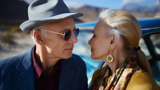 A Timeless Connection: A Senior Couple's Affectionate Gaze Against a Scenic Backdrop Capturing Their Love and Style in a Vintage Setting with Classic Elements and Warm Colors