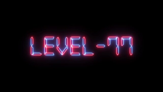 Abstract glowing neon level 1 to 77 isolated on black background. Trendy glow lighting line animation.