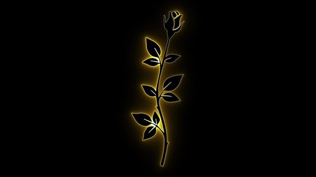 Golden rose glow. Luxury floral loop. Neon flower art. Romantic overlay. Wedding motion bg. Glowing rose stem. Elegant flower vec. Shimmer floral fx. Black gold motion. Premium rose art.
