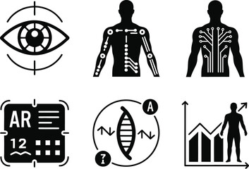 A collection of futuristic technology and innovation icons on a white background