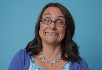 Obraz premium Smiling woman with braces and blue background showcases joy