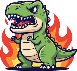 Naklejka premium A cartoon dinosaur roars with flames surrounding it, illustrated in a vibrant cartoon style.