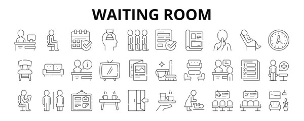 30 Waiting Room Line Icons Vector - Reception, Appointment, Chair, Queue, Magazine, comfort, Service, Office