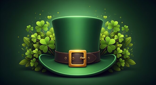 St patrick's day green top hat with shamrocks and gold buckle
