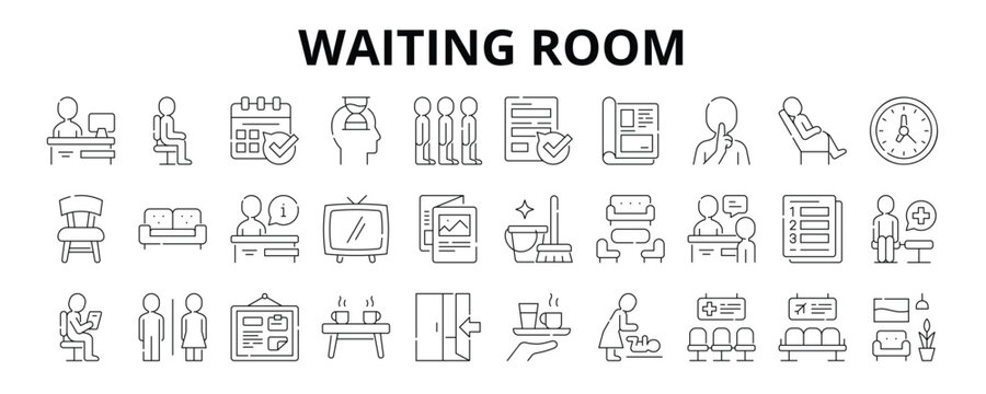 30 Waiting Room Line Icons Vector - Reception, Appointment, Chair, Queue, Magazine, comfort, Service, Office