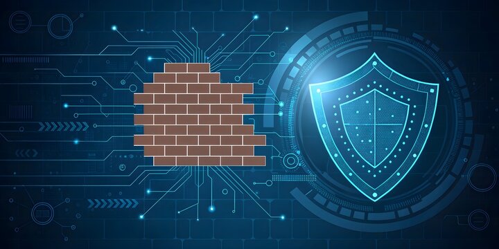 Cyber security shield protecting brick wall on digital interface, data protection and firewall concept