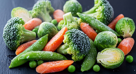 Fresh Frozen Mixed Vegetables with Broccoli, Brussels Sprouts, Peas, and Carrots on Dark Slate