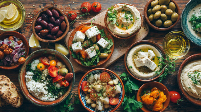 A variety of traditional Middle Eastern dishes and snacks on a wooden table
