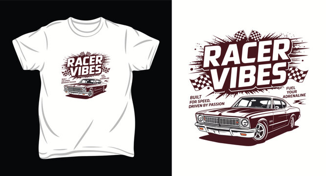 Classic muscle car racer vibes vector illustration for t shirt design with checkered flags and vintage automotive art