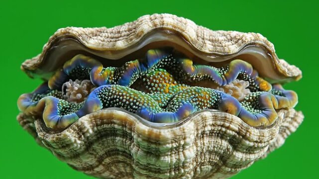 Close-up view of a vibrant giant clam with its colorful, textured mantle exposed against a solid green background.