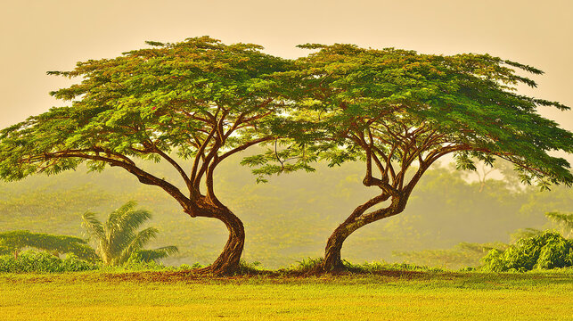 synchronized. Two tropical trees with intertwined branches sway gently in the breeze. safety posters, maintenance manuals, designed for industrial assembly lines and welding operations.
