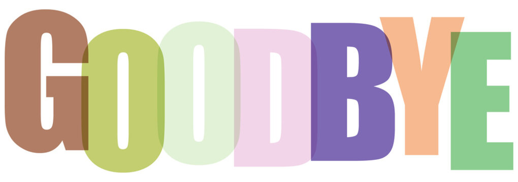 Expressive overlapping transparent letters spelling "Goodbye", representing farewell or departure isolated on transparent background.