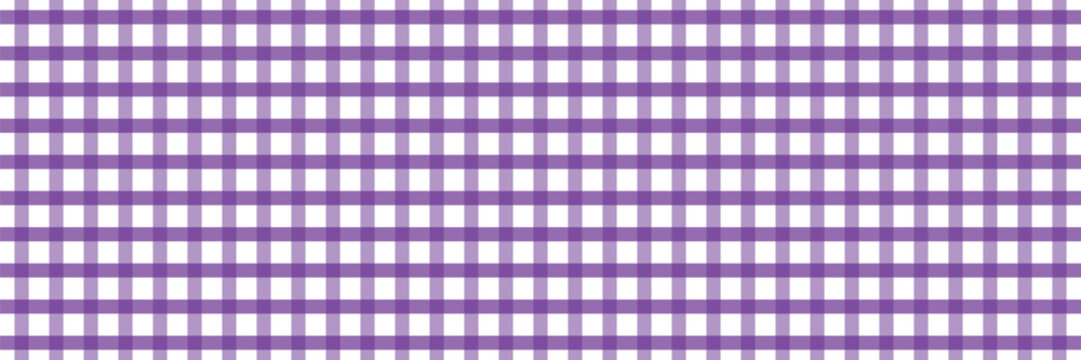 Purple gingham pattern with classic check lines. Summer textile background. Purple and white check grid texture.
