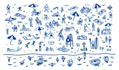 Tiny people are on summer beach. Doodle men and women are sunbathing and swimming at sea resort. Tourists are on sand coast in travel. Outline hand drawn isolated vector illustration on white © Paper Trident