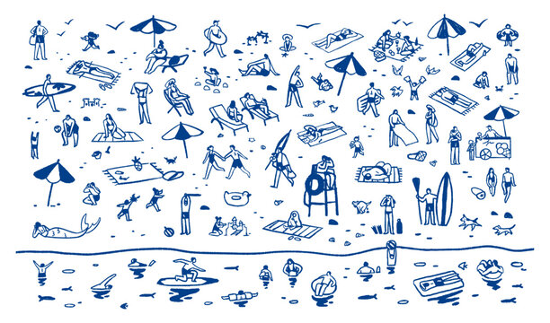 Tiny people are on summer beach. Doodle men and women are sunbathing and swimming at sea resort. Tourists are on sand coast in travel. Outline hand drawn isolated vector illustration on white