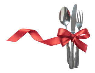 Cutlery with Red Ribbon Isolated on Background