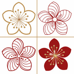Four stylized five‑petaled flowers in a grid