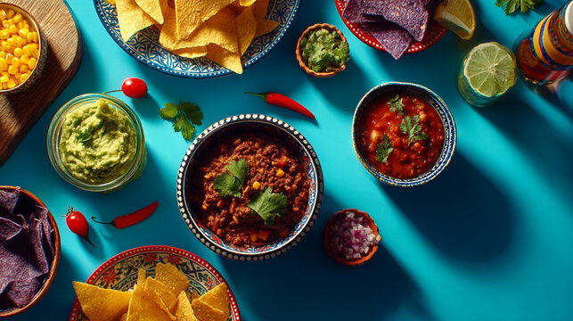 A vibrant spread of Mexican food on a turquoise table with bowls of salsa and chips