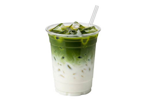 Iced matcha latte in a plastic cup with straw isolated on transparent background