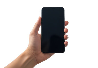 Hand holding a black smartphone mockup with a blank screen on transparent background