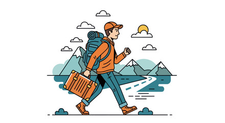 A person with a backpack and suitcase walks in the mountains.