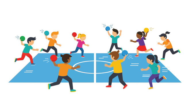 Cartoon illustration of diverse children playing dodgeball on a blue court, actively throwing and dodging colorful balls during a fun game.