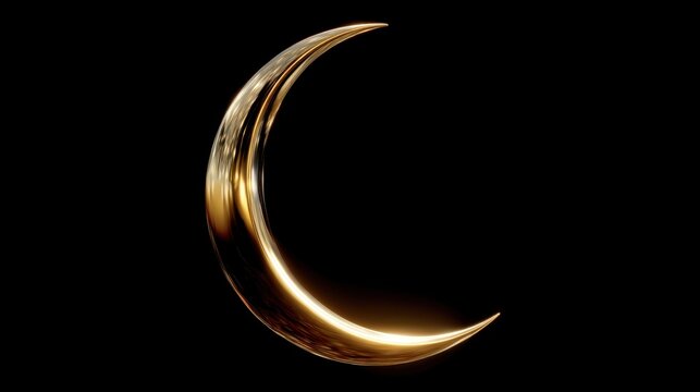 Eid Mubarak 3D Golden Crescent Moon Isolated on Black Background for Islamic Festival Celebration.