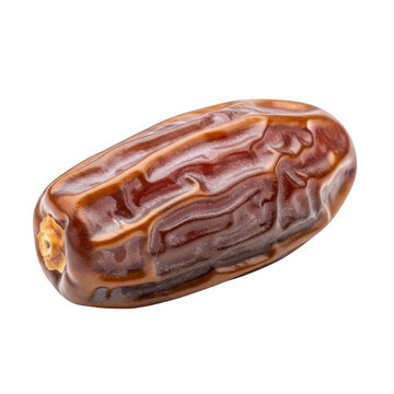 A close-up view of a single date fruit with a wrinkled skin and sweet filling