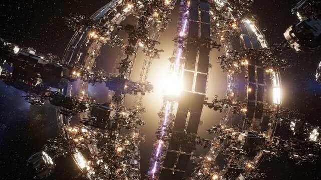 Advanced cosmic engineering Establishing shot of the partially completed sphere, emphasizing the awe-inspiring nature of the galactic-scale project.