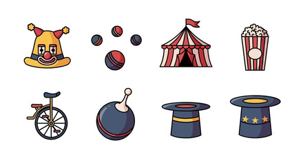 Collection of flat vector circus icons on a white background. © sitimmk