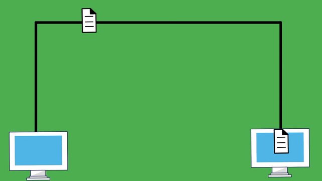 File transfer animation with flying paper plane icon between two computers. Modern digital communication concept with copy space. Flat style technology illustration.