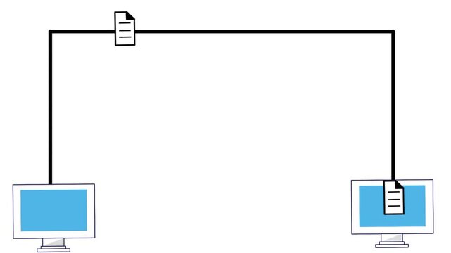 File transfer animation with flying paper plane icon between two computers. Modern digital communication concept with copy space. Flat style technology illustration.