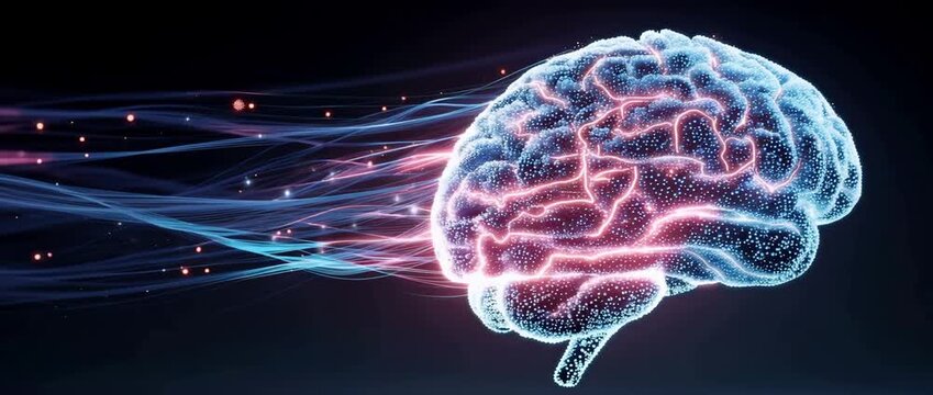 Futuristic Glowing Digital Human Brain Illustration with Flowing Neural Fibers Representing Imagination, Dreams, Hormonal Activity, and Artificial Intelligence Concept.