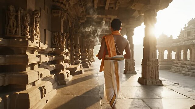 A devotee performing sacred rituals in a sunlit ancient Indian temple, embodying timeless spirituality and the profound reverence of Hanuman Jayanti