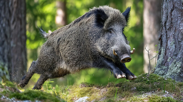 ferocity. A wild boar charging through dense forest undergrowth, its tusks scraping against tree bark in dappled sunlight. wildlife magazines.
