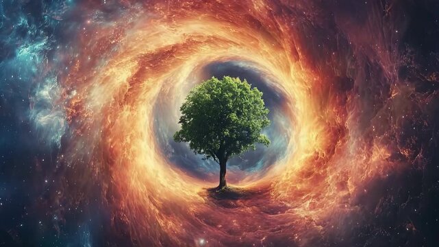 Cosmic vortex with a tree growing in its center creates a breathtaking scene