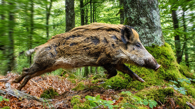 ferocity. A wild boar charging through dense forest undergrowth, its tusks scraping against tree bark in dappled sunlight. wildlife magazines.
