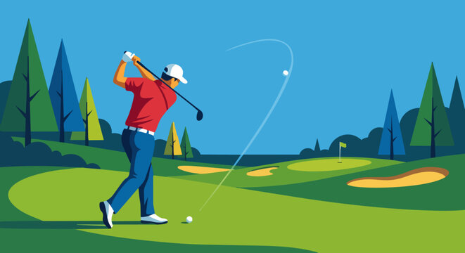 Golfer Iron Shot from Fairway

Flat vector illustration of a golfer hitting an iron shot from the fairway. Ball mid-air, open course background. Flat vector style, dynamic athletic movement.