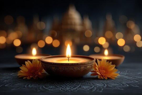 Happy Ram Navami Celebration with Glowing Diyas and Flowers in Temple Worship Photo.