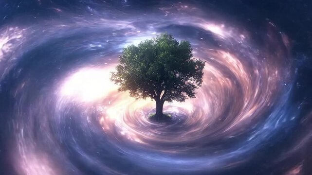 Cosmic vortex with a tree growing in its center creates a breathtaking scene