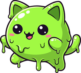 A cartoon cat character melting into a green gooey substance, depicted in a playful illustration style, showcasing a fun and quirky scene.