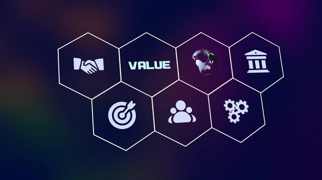 Business value concept with digital analytics interface, financial growth metrics and strategic data driven decision system.